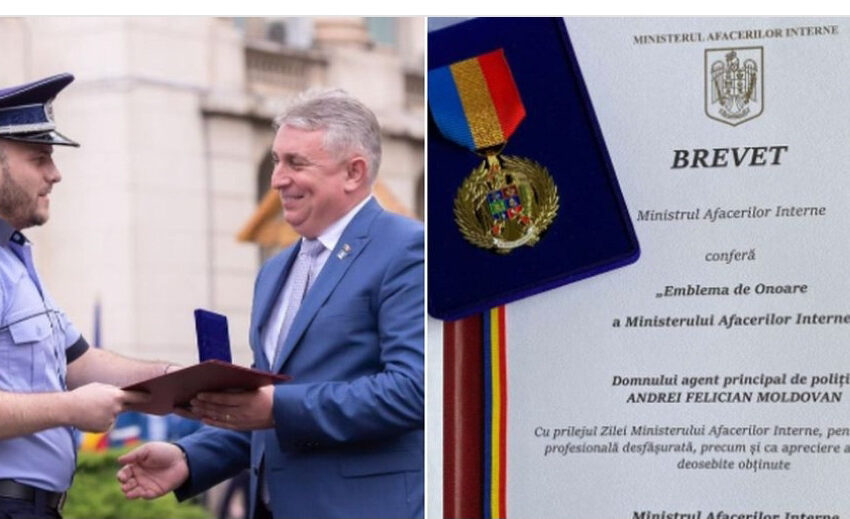  Tânărul  polițist bistrițean,  Andrei Moldovan , a primit Emblema de Onoare a MAI