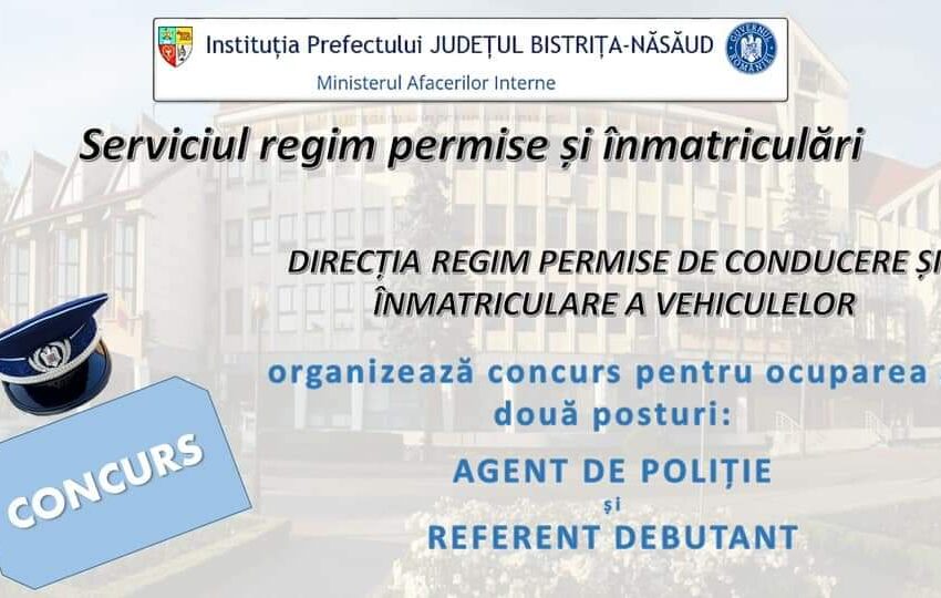  ANUNȚ: Concurs pentru ocuparea a două posturi în cadrul Serviciului Regim Permise și Înmatriculări