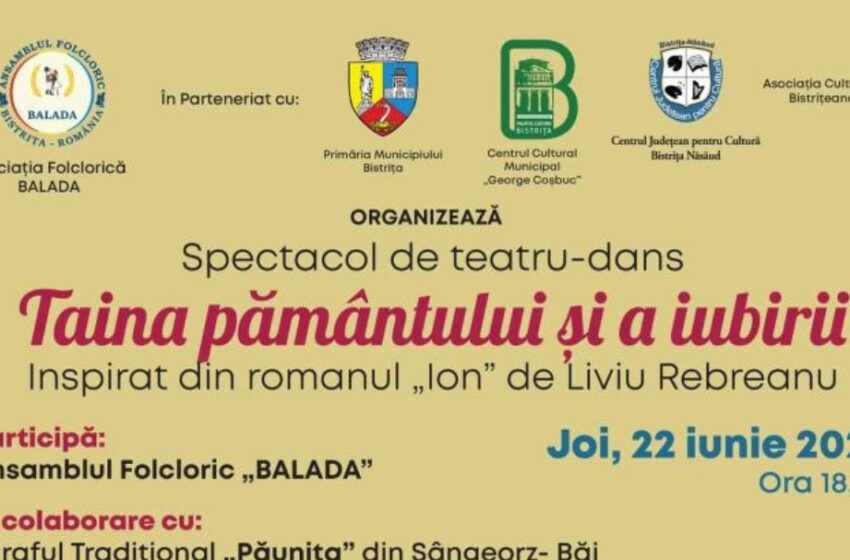  Taina pământului și a iubirii, spectacol de  dans  și teatru la Palatul Culturii din Bistrița