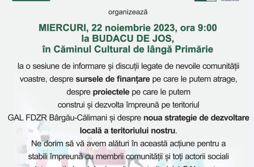  22 noiembrie, la Budacu de Jos, sesiune de informare marca  GAL FDZR