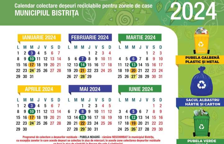  Află programul de colectare a deșeurilor reciclabile pentru Municipiul Bistrița și localitățile componente în LUNA FEBRUARIE 2024!