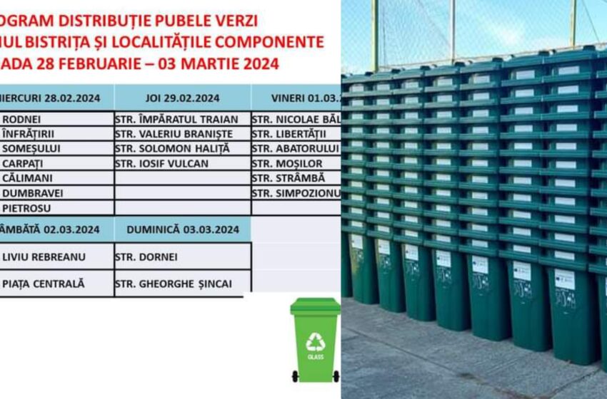  Află programul de distribuire a pubelei verzi în perioada 28 februarie – 03 martie 2024 în Municipiul Bistrița
