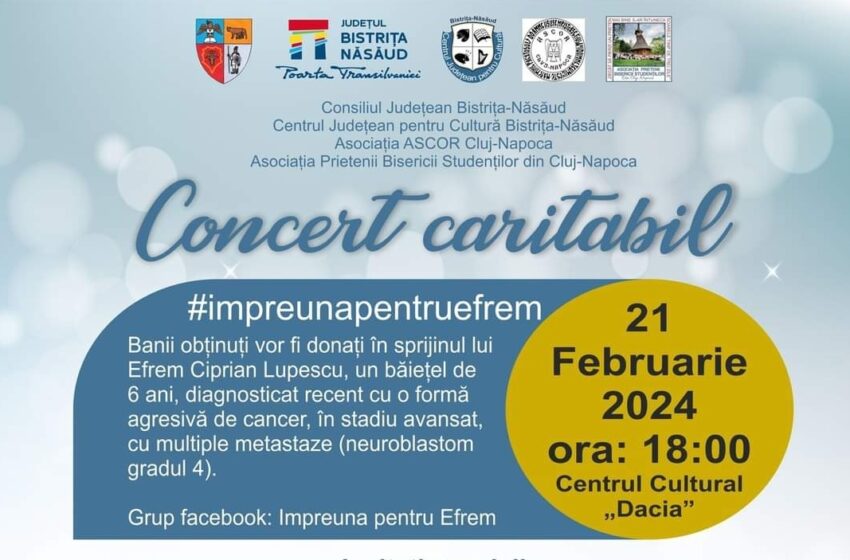 CONCERT CARITABIL. Consiliul Județean Bistrița-Năsăud, în colaborare cu Centrul Județean pentru Cultură din Bistrița-Năsăud, invită bistrițenii la o seară de muzică populară autentică