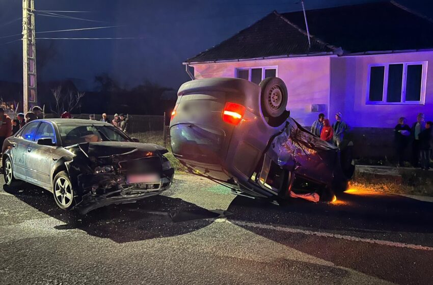  Accident la Galații Bistriței! O mașină s-a răsturnat pe plafon!
