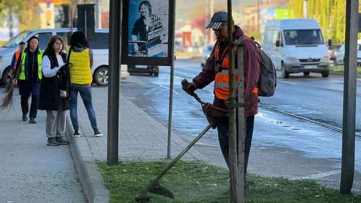  Se cosește iarba pe scuarurile de pe strada Libertății din Bistrița. FOTO