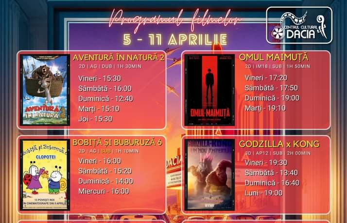  Programul filmelor în perioada 5-11 aprilie la Cinema Dacia din Bistrița