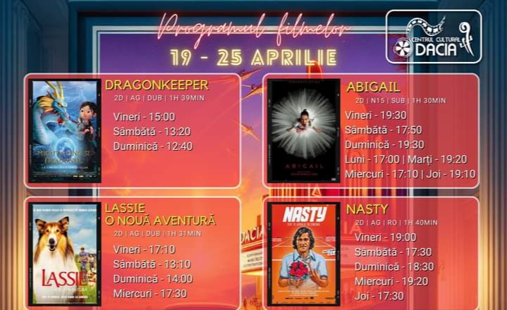  Programul filmelor la Cinema Dacia din Bistrița, în perioada 19-25 aprilie