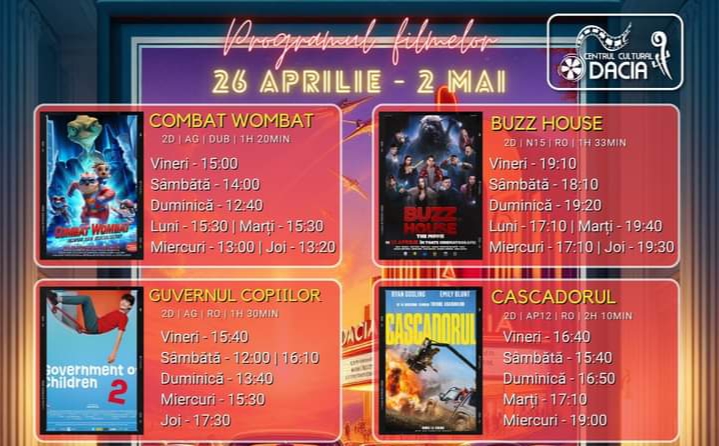  Programul filmelor la Cinema Dacia din Bistrița, în perioada 26 aprilie-2 mai