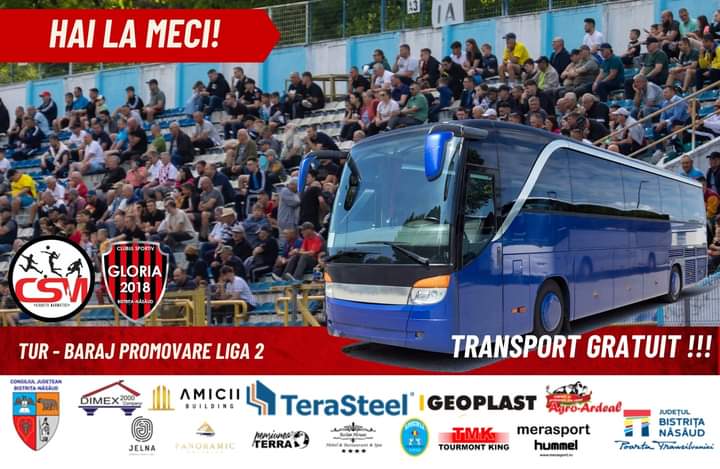  Fotbal: Clubul Gloria 2018 organizează transport gratuit pentru meciul de baraj de la Sighetu Marmației