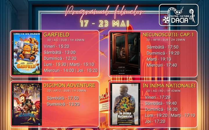  Programul filmelor la Cinema Dacia din Bistrița, în perioada 17-23 mai