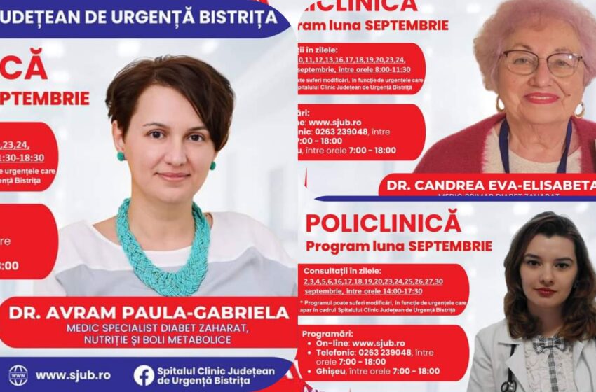  De luni 19 august 2024, sunt disponibile programări la Cabinetul de Diabet Zaharat din Policlinica Bistrița