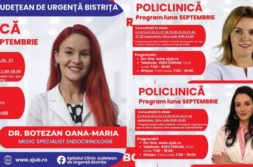  De luni, 19 august, se fac programări la specialitatea Endocrinologie din Policlinica Bistrița, pentru luna septembrie