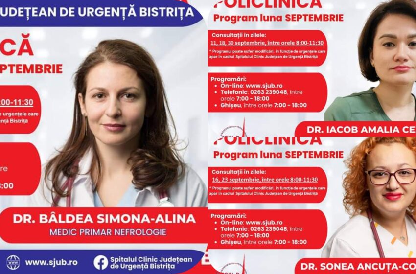  De luni 19 august 2024, sunt disponibile programări la Cabinetul de Nefrologie din Policlinica Bistrița