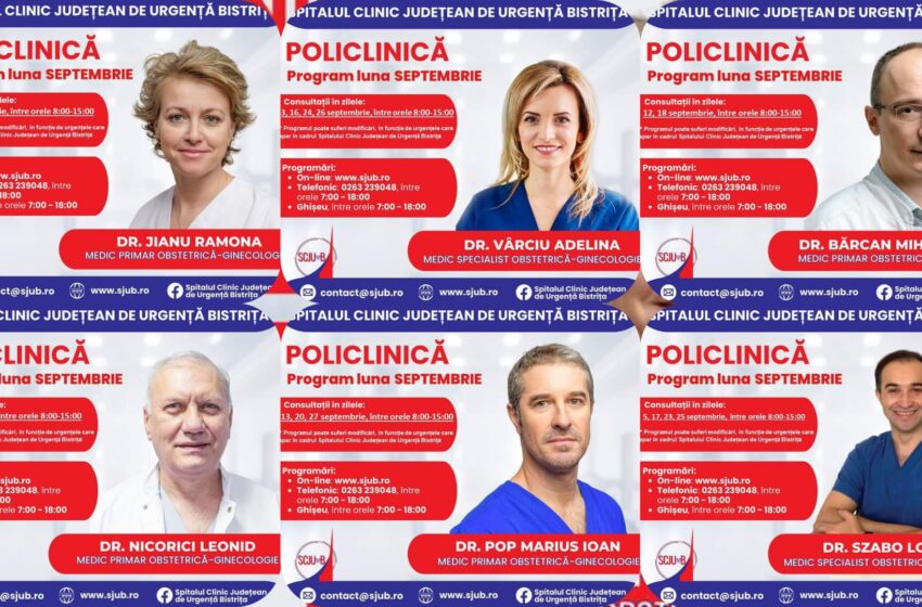  De luni, 26 august, sunt disponibile programări la specialitatea Obstetrică-ginecologie din Policlinica Bistrița, pentru luna septembrie. FOTO