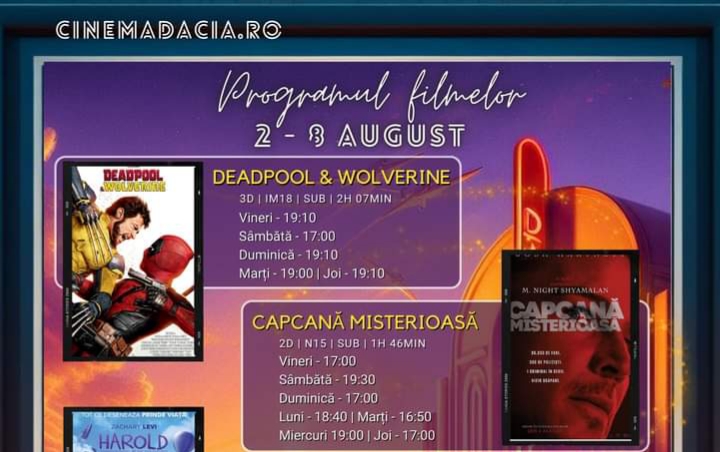  Programul filmelor la Cinema Dacia din Bistrița, în perioada 2 -8 august 2024