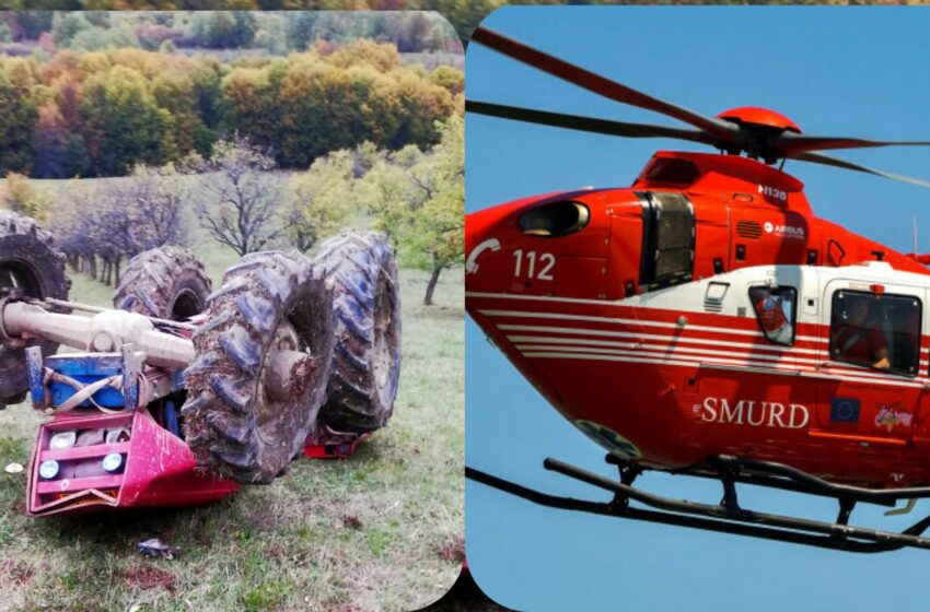  Tractor răsturnat la Șanț! Un bărbat este transportat cu elicopterul SMURD la spital!