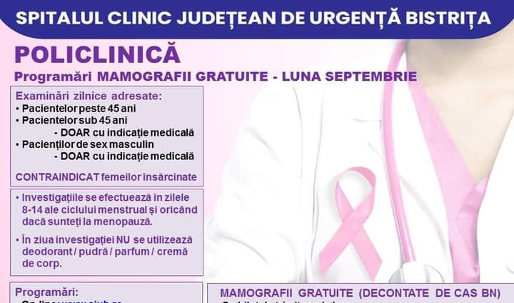  Mamografii gratuite decontate de CJAS BN la Policlinica Bistrița