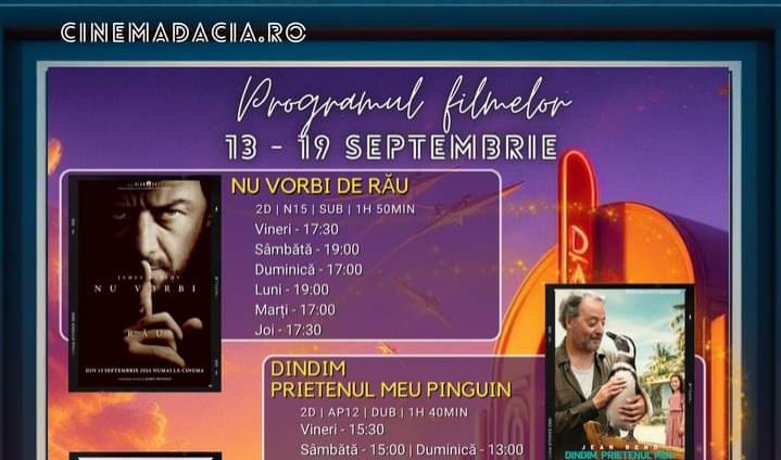  Programul filmelor la Cinema Dacia din Bistrița, în perioada 13 -19 septembrie 2024