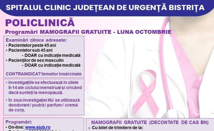 Începând de mâine, 25 septembrie, la Policlinica Bistrița vor fi disponibile programări pentru MAMOGRAFII GRATUITE