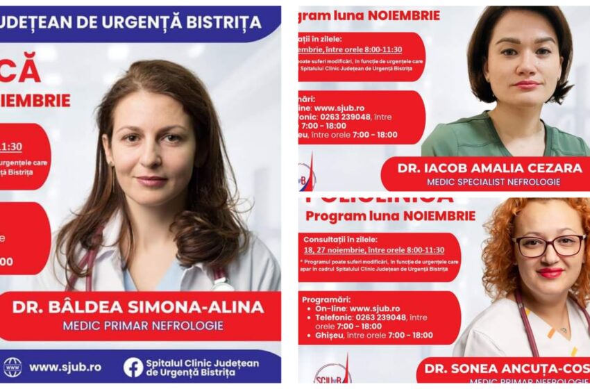  Sunt disponibile locuri la Cabinetul de Nefrologie din Policlinica Bistrița pentru luna noiembrie