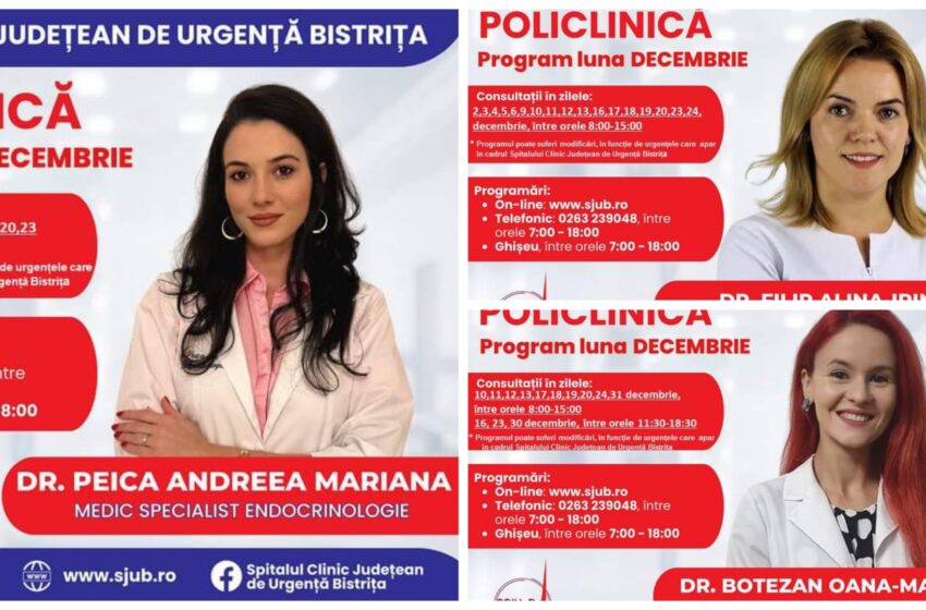  Sunt programări disponibile la specialitatea Endocrinologie din Policlinica Bistrița, pentru luna decembrie. FOTO