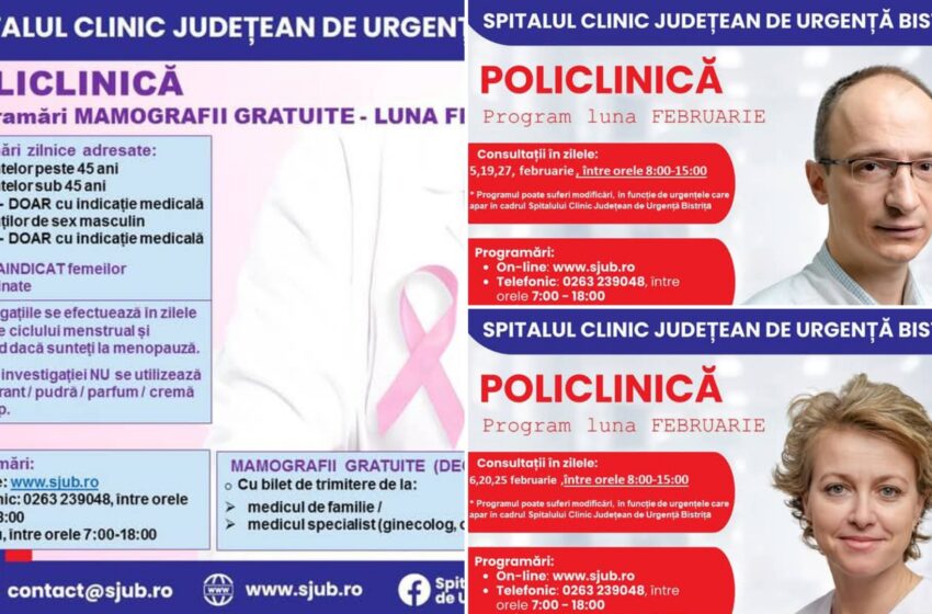  Sunt programări disponibile la specialitățile Mamografie, Obstretică-Ginecologie și Ortopedie din Policlinica Bistrița. FOTO
