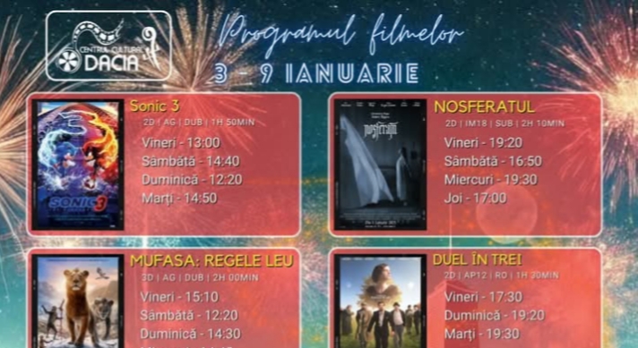  Programul filmelor la Cinema Dacia din Bistrița, în perioada 3-9 ianuarie 2025