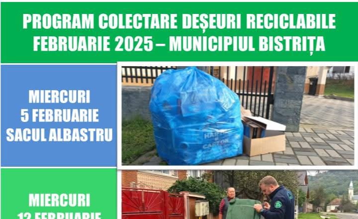  Află programul de colectare a deșeurilor reciclabile din luna februarie în Municipiul Bistrița. FOTO