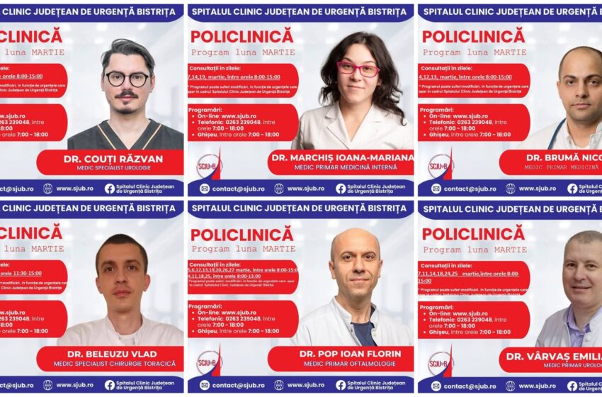 De luni, 24 februarie, vor fi deschise programări pentru consultații la mai multe specializări medicale din Policlinica Bistrița. FOTO