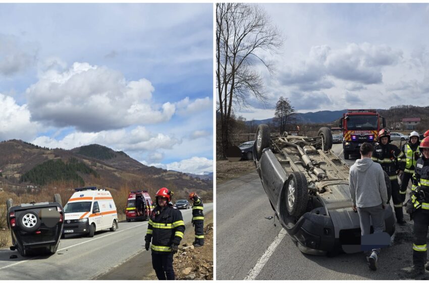  Accident rutier la Cormaia unde o mașină s-a răsturnat pe șosea. FOTO