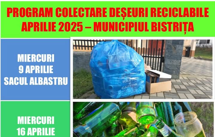  Află programul de colectare a deșeurilor reciclabile în municipiul Bistrița din luna aprilie
