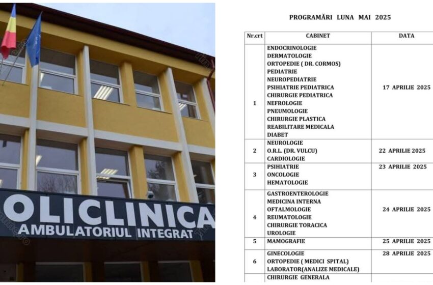  Sunt disponibile datele de la care se vor putea face programări pentru luna mai, la specialitățile medicale din Policlinica Bistrița