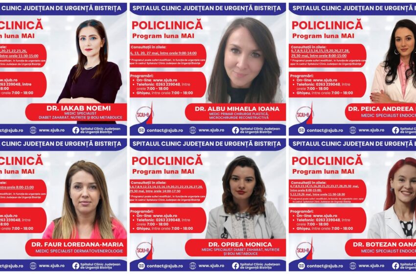  De joi, 17 aprilie, sunt disponibile programări la mai multe specialități medicale din Policlinica Bistrița