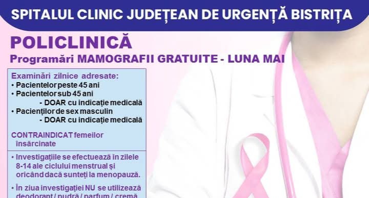  Sunt disponibile programări la Policlinica Bistrița pentru luna mai la mamografii gratuite