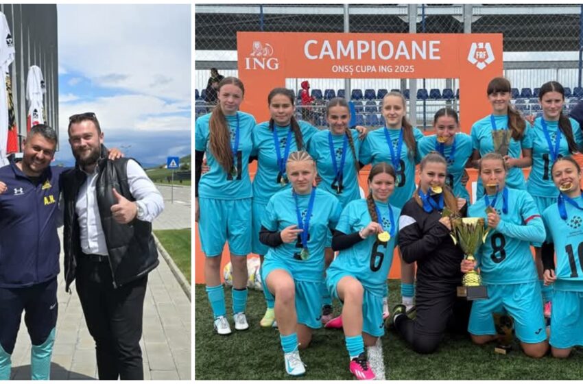  Deputatul POT Andrei Csillag alături de echipa de fotbal feminin U16 a LPS Bistrița. FOTO
