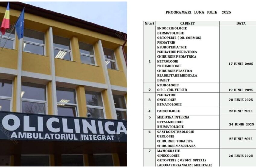  De marți, 17 iunie, se pot face programări pe luna iulie la specialitățile medicale din Policlinica Bistrița