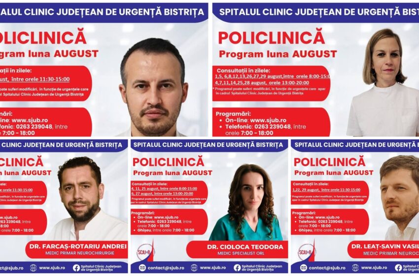  De marți, 29 iulie, sunt disponibile noi programări la specialitățile medicale din Policlinica Bistrița