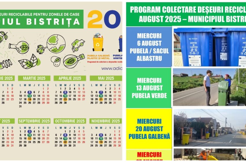  Vezi care este programul de colectare a deșeurilor reciclabile în luna AUGUST 2025 pentru Municipiul Bistrița și localitățile componente
