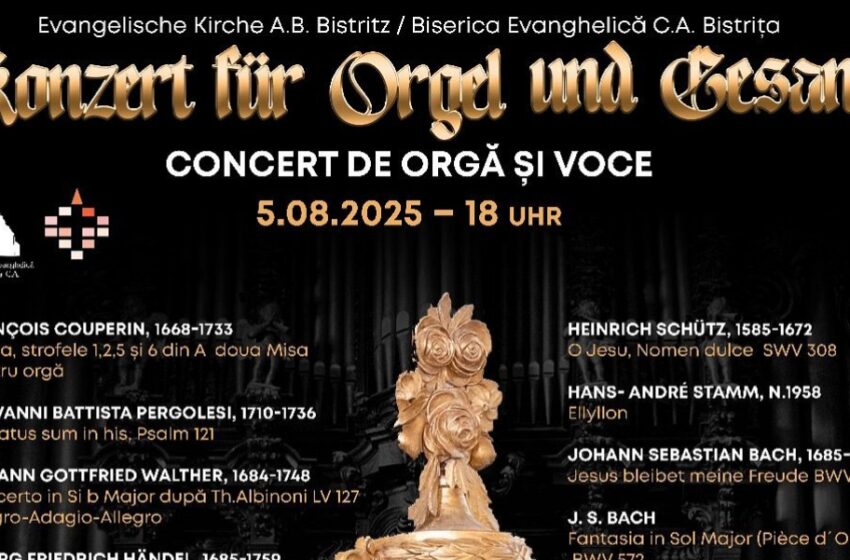  Concert de orgă și voce, marți, 5 august, la Biserica Evanghelică din Bistrița