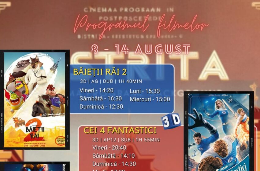  Programul filmelor la Cinema Dacia din Bistrița, în perioada 8-14 august 2025