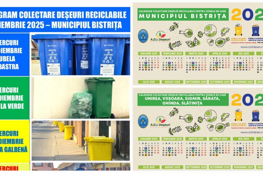  Află programul de colectare a deșeurilor reciclabile pentru Municipiul Bistrița și localitățile componente în luna noiembrie
