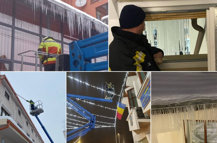  SVSU Bistrița, în lupta cu țurțurii de gheață. Intervenții pentru siguranța cetățenilor. FOTO