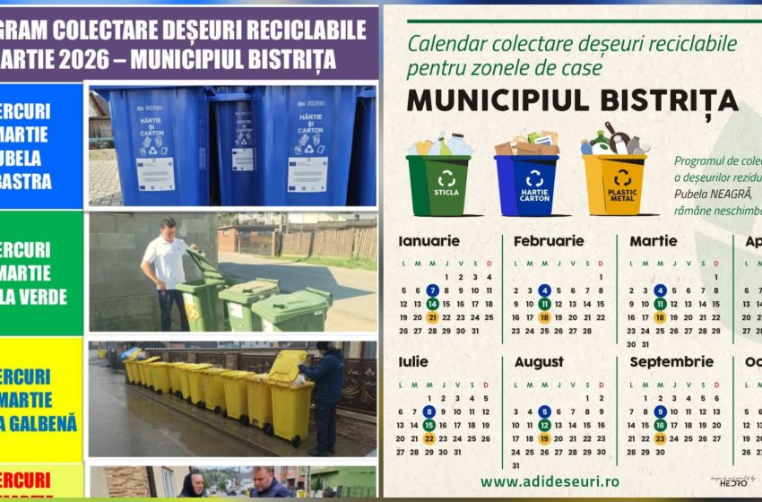  Programul de colectare a deșeurilor reciclabile în martie 2026 la Bistrița și în localitățile componente