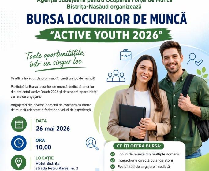 AJOFM Bistrița-Năsăud organizează, în 26 mai, Bursa locurilor de muncă „Active Youth 2026”