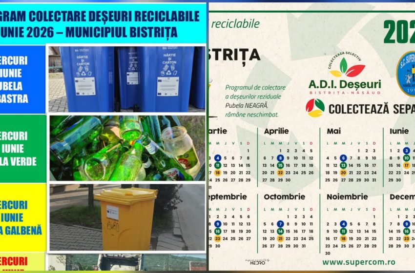  Programul colectării deșeurilor reciclabile în Bistrița și localitățile componente, în luna iunie 2026