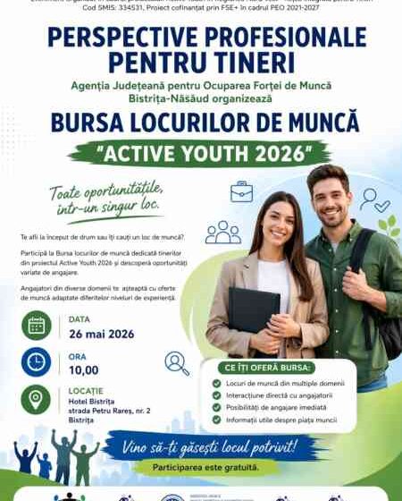  Peste 100 de locuri de muncă disponibile la Bursa „Active Youth 2026”, organizată de AJOFM Bistrița-Năsăud