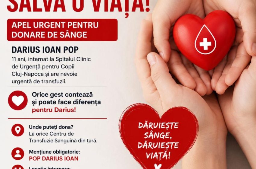  Un băiețel de 11 ani din Beclean are nevoie urgentă de sânge. Comunitatea, chemată să îi fie alături lui Darius