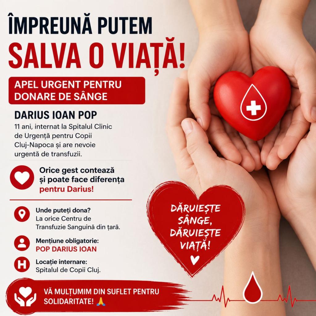 Un băiețel de 11 ani din Beclean are nevoie urgentă de sânge. Comunitatea, chemată să îi fie alături lui Darius