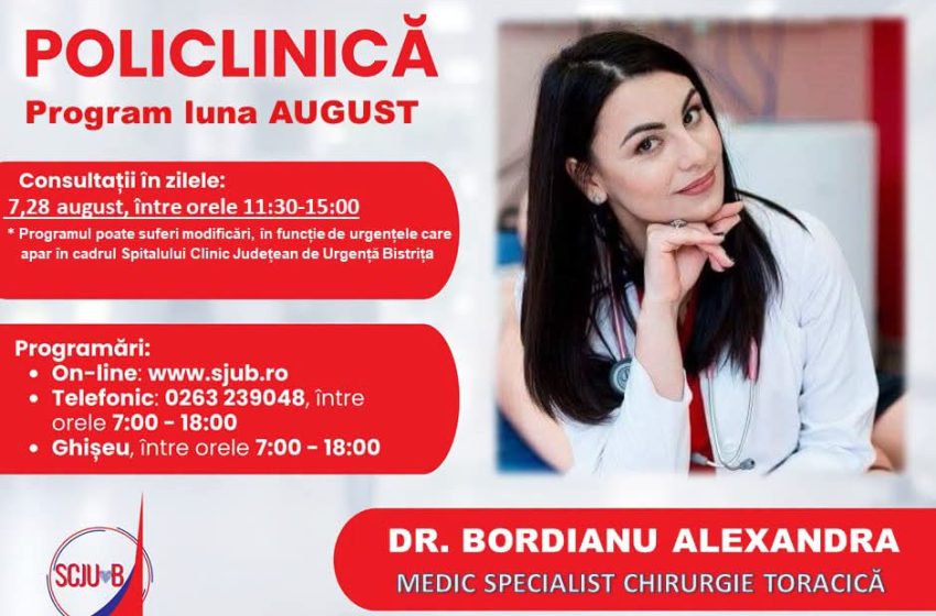  Se deschid programările pentru luna august la cinci specialități din Policlinica Bistrița