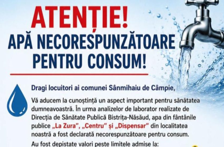  Apa din trei fântâni publice din Sânmihaiu de Câmpie nu este potabilă. Primăria avertizează populația